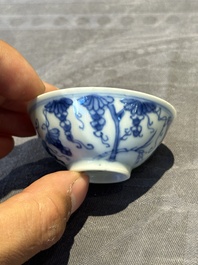Three Chinese blue and white 'grapevines' cups, Yongzheng mark and of the period
