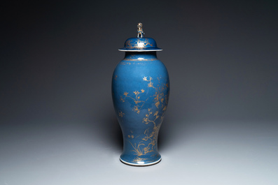 A Chinese gilt-decorated powder-blue vase with a phoenix among blossoming branches, Qianlong