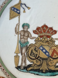 A Chinese famille rose armorial plate with the arms of Goos de Ghyseghem, Vecquemans and Golbeau for the Belgian market, Yongzheng, ca. 1730