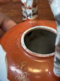 A Chinese famille rose coral-red-ground teapot with 'faux marble' spout and handle, Jiaqing