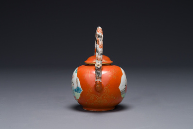 A Chinese famille rose coral-red-ground teapot with 'faux marble' spout and handle, Jiaqing