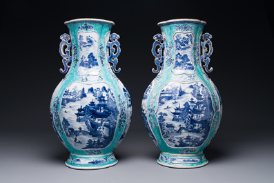 A pair of Chinese turquoise-ground blue and white vases depicting the Whampoa Pagoda and the Pearl River, Qianlong