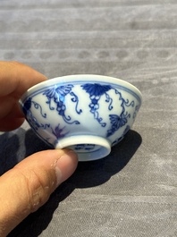 Three Chinese blue and white 'grapevines' cups, Yongzheng mark and of the period
