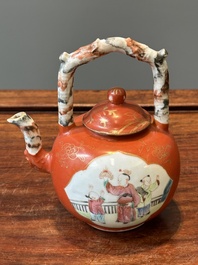 A Chinese famille rose coral-red-ground teapot with 'faux marble' spout and handle, Jiaqing