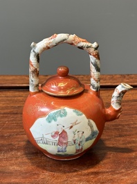 A Chinese famille rose coral-red-ground teapot with 'faux marble' spout and handle, Jiaqing