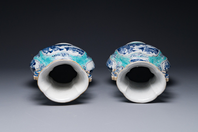A pair of Chinese turquoise-ground blue and white vases depicting the Whampoa Pagoda and the Pearl River, Qianlong