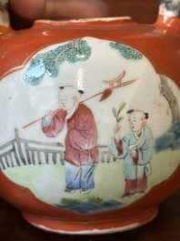 A Chinese famille rose coral-red-ground teapot with 'faux marble' spout and handle, Jiaqing