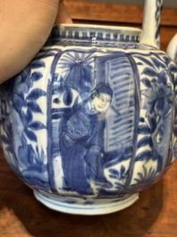 A Chinese blue and white wine ewer and cover with figural design, Wanli
