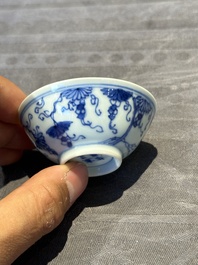 Three Chinese blue and white 'grapevines' cups, Yongzheng mark and of the period