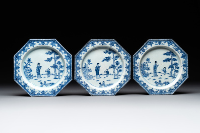 Six Chinese blue and white plates probably after a European silver model, Qianlong