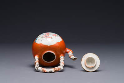 A Chinese famille rose coral-red-ground teapot with 'faux marble' spout and handle, Jiaqing