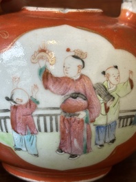 A Chinese famille rose coral-red-ground teapot with 'faux marble' spout and handle, Jiaqing