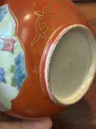 A Chinese famille rose coral-red-ground teapot with 'faux marble' spout and handle, Jiaqing