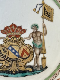 A Chinese famille rose armorial plate with the arms of Goos de Ghyseghem, Vecquemans and Golbeau for the Belgian market, Yongzheng, ca. 1730