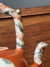 A Chinese famille rose coral-red-ground teapot with 'faux marble' spout and handle, Jiaqing