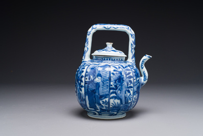 A Chinese blue and white wine ewer and cover with figural design, Wanli