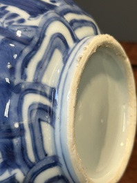 A Chinese blue and white wine ewer and cover with figural design, Wanli