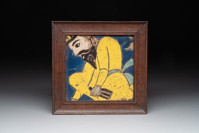 Three framed Persian tiles with figural design, Qajar, 19th C.