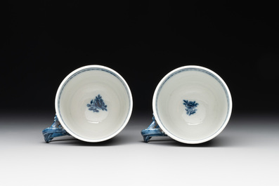 A pair of Chinese blue and white cups and saucers and a milk jug, Qianlong/Jiaqing