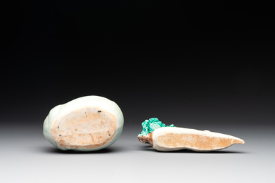 A Chinese celadon-glazed water dropper, a yellow-glazed ewer, a famille noire covered vase and a miniature model, 19th C.
