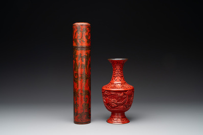 Two Chinese mother-of-pearl plaques, a cinnabar lacquer vase, a plate and a lacquer case, 19/20th C.