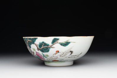 A Chinese famille rose bowl, a plate and a blue and white vase, Tongzhi mark and of the period