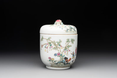 A Chinese famille rose '100 boys' covered box and a plate, Guangxu mark, Republic