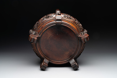A Chinese archaistic white-glazed vase on wooden stand, Qing
