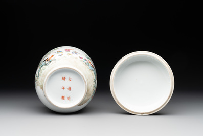 A Chinese famille rose '100 boys' covered box and a plate, Guangxu mark, Republic