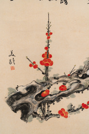 Liu Haisu 刘海粟 (1896-1994), Fang Junbi 方君璧 (1898-1986) and Song Meiling 宋美齡 (1898-2003) : 'Calligraphy and plum blossoms', ink and colour on paper