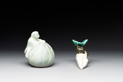 A Chinese celadon-glazed water dropper, a yellow-glazed ewer, a famille noire covered vase and a miniature model, 19th C.