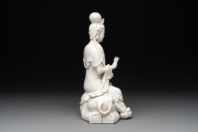 A Chinese Dehua blanc de Chine Guanyin seated on an elephant, 20th C.