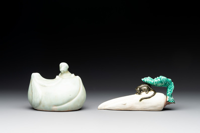 A Chinese celadon-glazed water dropper, a yellow-glazed ewer, a famille noire covered vase and a miniature model, 19th C.