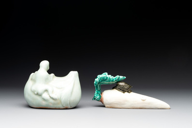 A Chinese celadon-glazed water dropper, a yellow-glazed ewer, a famille noire covered vase and a miniature model, 19th C.