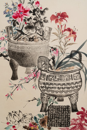 Wang Xuetao 王雪濤 (1903-1982): 'Ritual vessels and flowers', ink and colour on paper