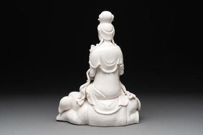 A Chinese Dehua blanc de Chine Guanyin seated on an elephant, 20th C.