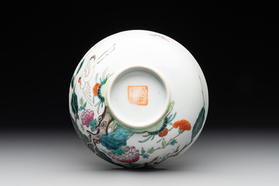 A Chinese famille rose bowl, a plate and a blue and white vase, Tongzhi mark and of the period