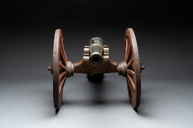 A Dutch bronze saluting cannon on a partly original carriage, inscribed C. Ouderogge Fecit, Rotterdam, dated 1641