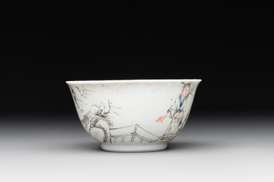 A Chinese blue-enamelled gilt-decorated grisaille cup and saucer, Yongzheng