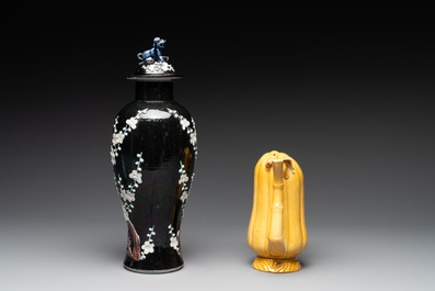 A Chinese celadon-glazed water dropper, a yellow-glazed ewer, a famille noire covered vase and a miniature model, 19th C.