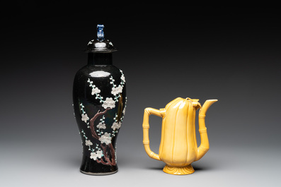 A Chinese celadon-glazed water dropper, a yellow-glazed ewer, a famille noire covered vase and a miniature model, 19th C.