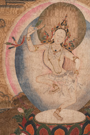 Chinese School: 'White Tara', ink and colour on silk, Qing or later