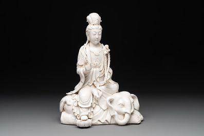 A Chinese Dehua blanc de Chine Guanyin seated on an elephant, 20th C.