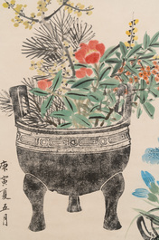 Luo Zhenyu 羅振玉 (1866-1940): 'Ritual vessels and flowers', ink and colour on paper, dated 1890