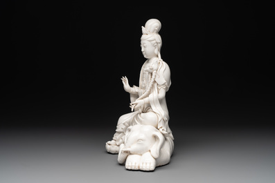 A Chinese Dehua blanc de Chine Guanyin seated on an elephant, 20th C.
