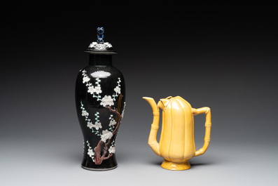 A Chinese celadon-glazed water dropper, a yellow-glazed ewer, a famille noire covered vase and a miniature model, 19th C.