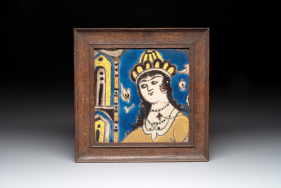 Three framed Persian tiles with figural design, Qajar, 19th C.