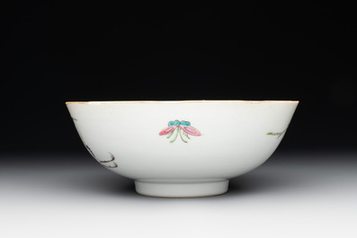 A Chinese famille rose bowl, a plate and a blue and white vase, Tongzhi mark and of the period
