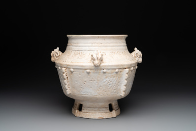 A Chinese archaistic white-glazed vase on wooden stand, Qing