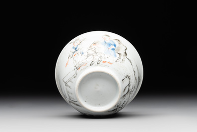 A Chinese blue-enamelled gilt-decorated grisaille cup and saucer, Yongzheng